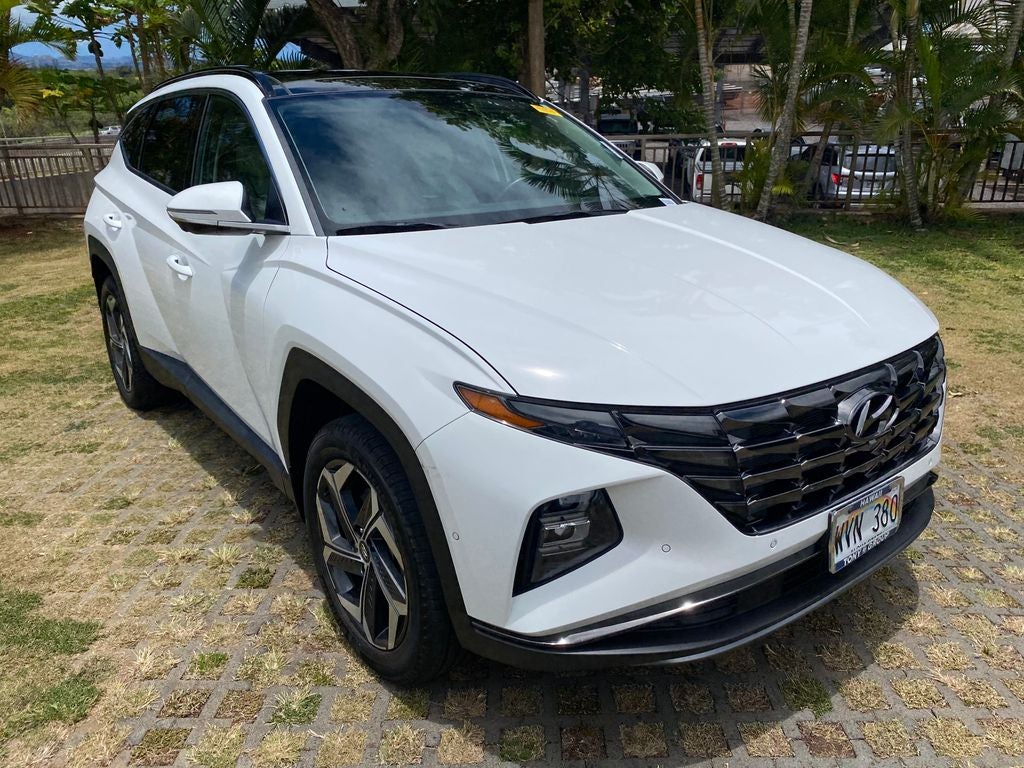 2023 Hyundai Tucson Limited in Serenity White Pearl — front three-quarter view